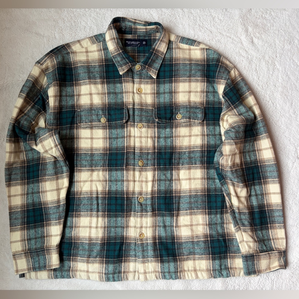 NWOT Abercrombie & Fitch Cabincore Green & Cream Plaid Flannel Shacket Men XXL
